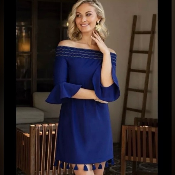 Cabana Life Dresses & Skirts - Cabana Life Off the Shoulder Dress 3/4 Bell Sleeve Tassels Navy Size Small NWT